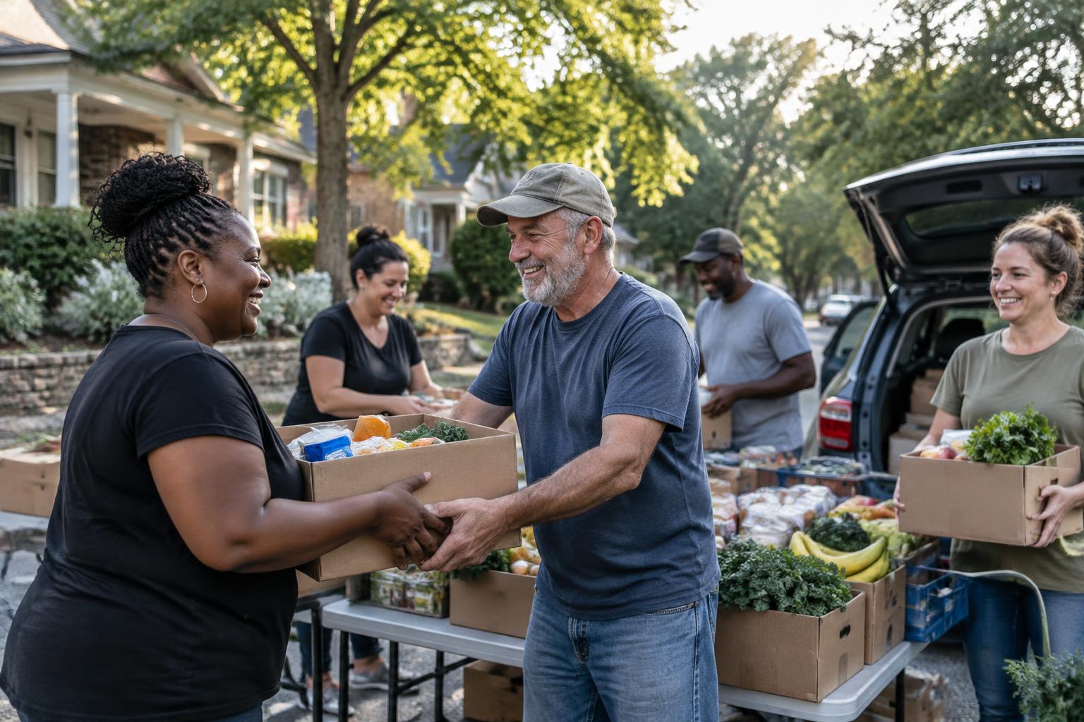 Adult community volunteers sharing food boxes with neighbors