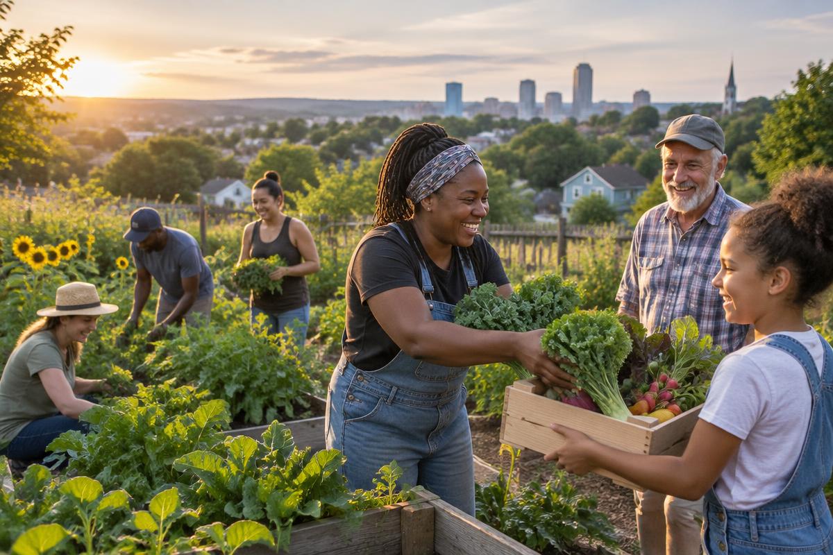 Lexington neighbors sharing fresh produce in a community garden