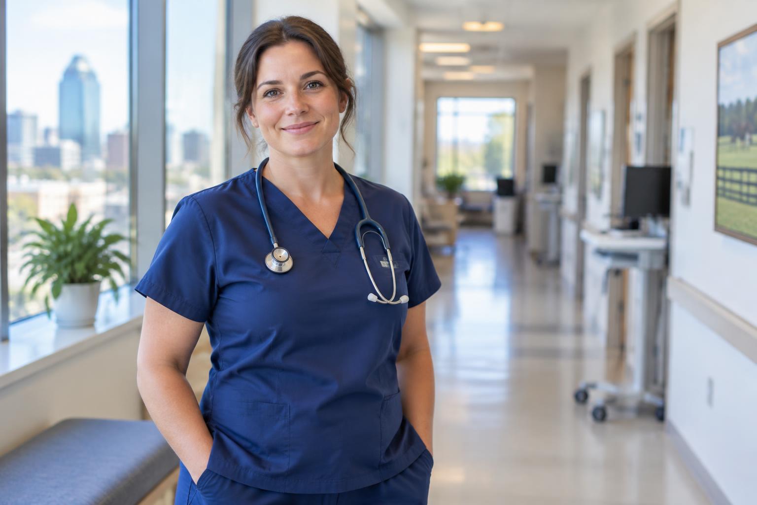 A community nurse in navy scrubs and a stethoscope