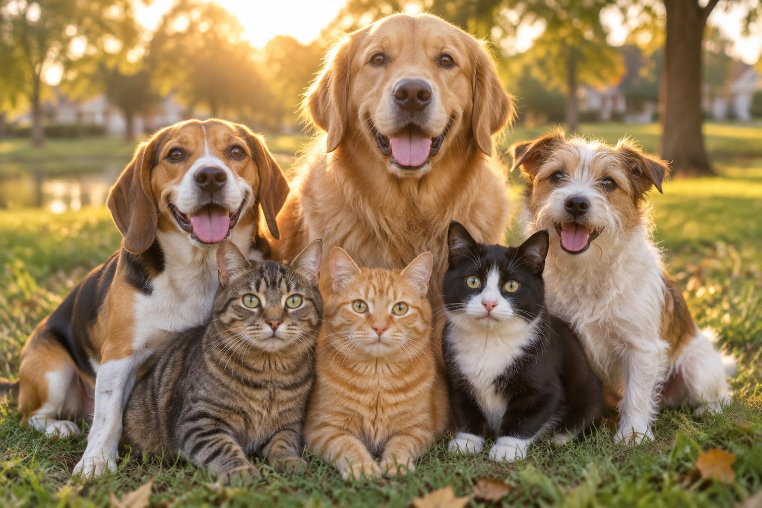 A group of happy dogs and cats together